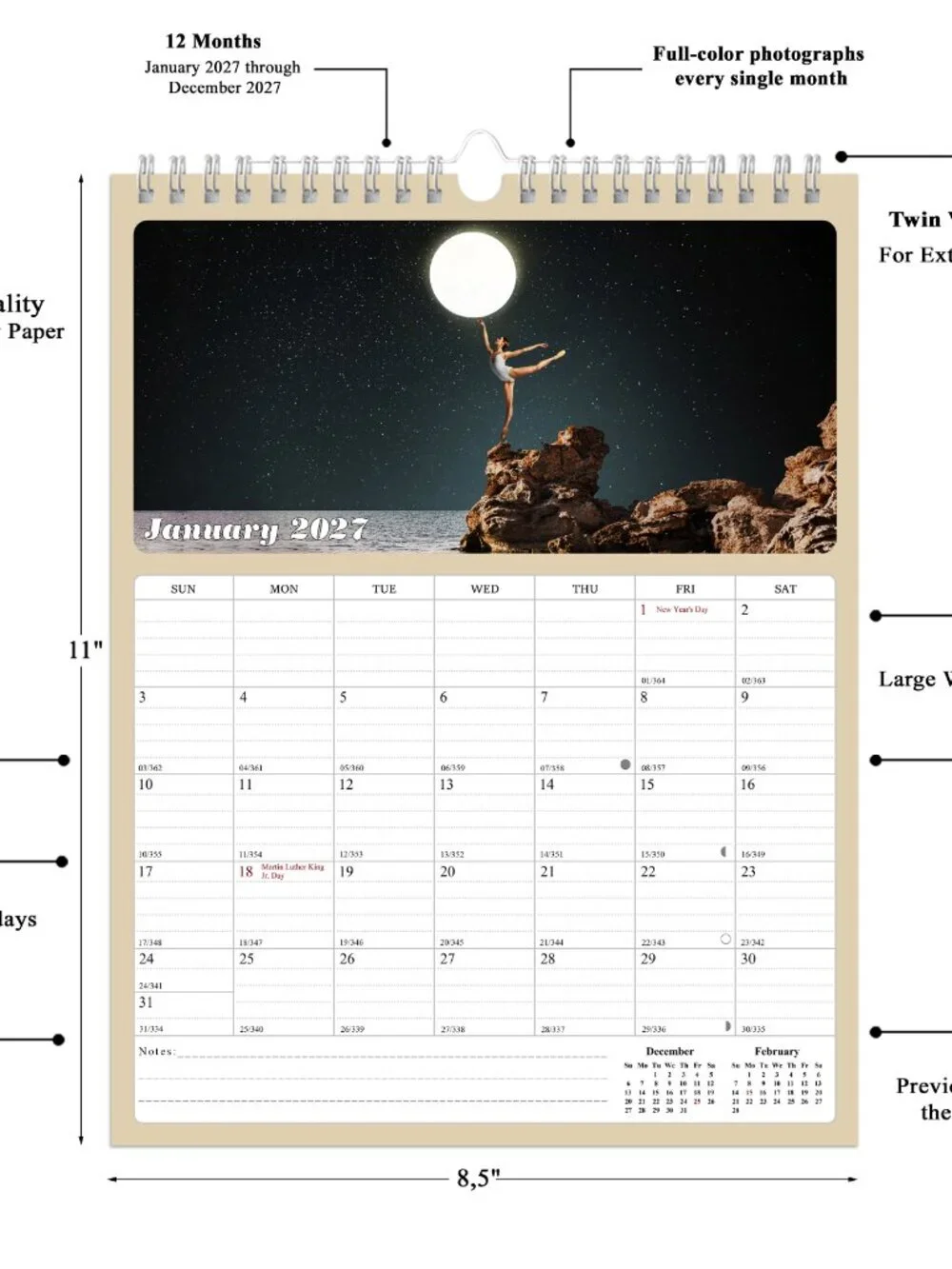 2027 Wall Calendar Spiral-bound Twin - 12 Months Planner 8.5